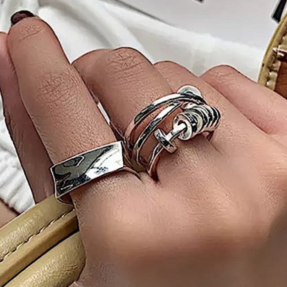 STERLING SILVER SPIN DISC SQUARE RING SET - Picture 1 of 13